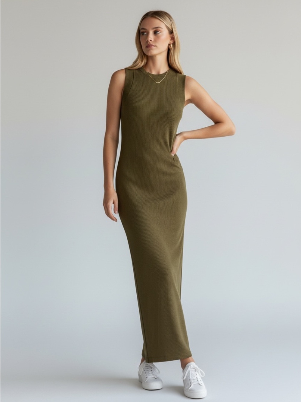 Members Mark Sleeveless Olive Maxi Dress for Women — Slim Ribbed Fit NWT Medium